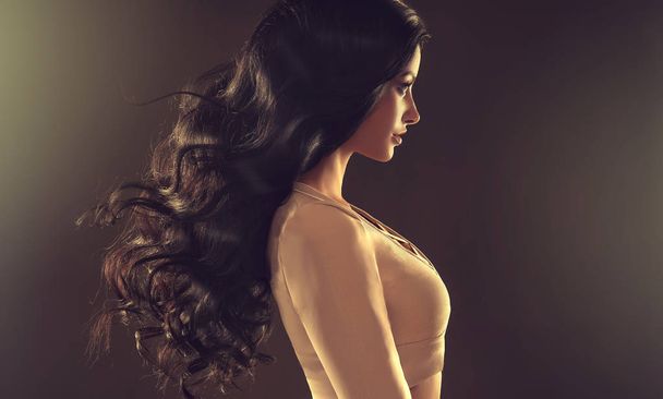 Hermosa modelo chica con el pelo largo y rizado. Productos para el cuidado, coloración del cabello
  - Foto, imagen