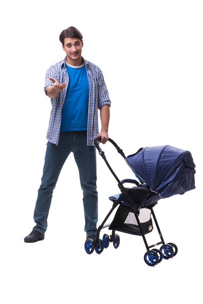 Young dad with child pram isolated on white - Foto, imagen