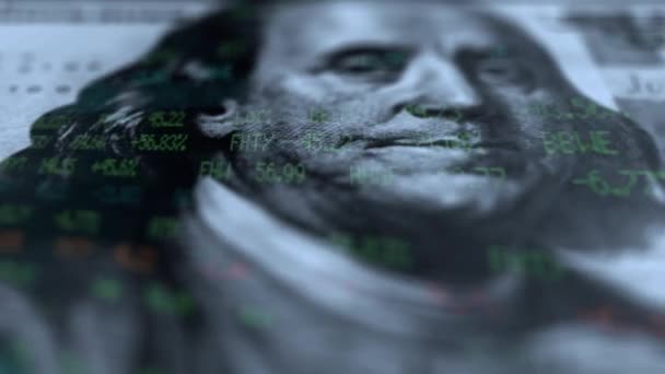 Billete de cien dólares Ben Franklin Primer plano superposición de la bolsa
 - Imágenes, Vídeo