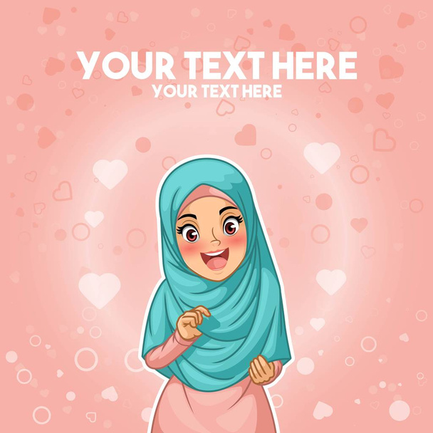 Mujer musulmana orgullosa y feliz con su hijab sosteniendo su diseño de personaje de dibujos animados pañuelo en la cabeza, sobre fondo rosa, ilustración vectorial
. - Vector, Imagen