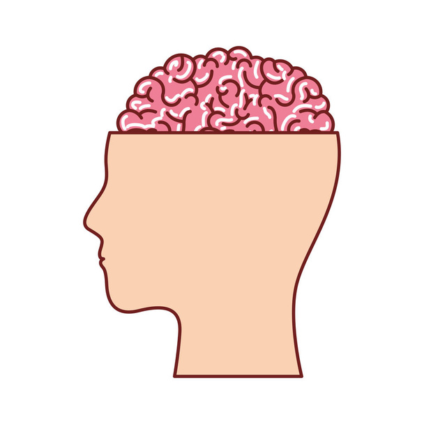 ανθρώπινο πρόσωπο σιλουέτα με τον εγκέφαλο που εκτίθενται σε πολύχρωμο σιλουέτα με καφέ περίγραμμα - Διάνυσμα, εικόνα