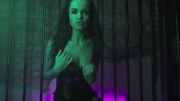 Frivolous young brunette woman in black lingerie seductive moves in metal cage - Imágenes, Vídeo