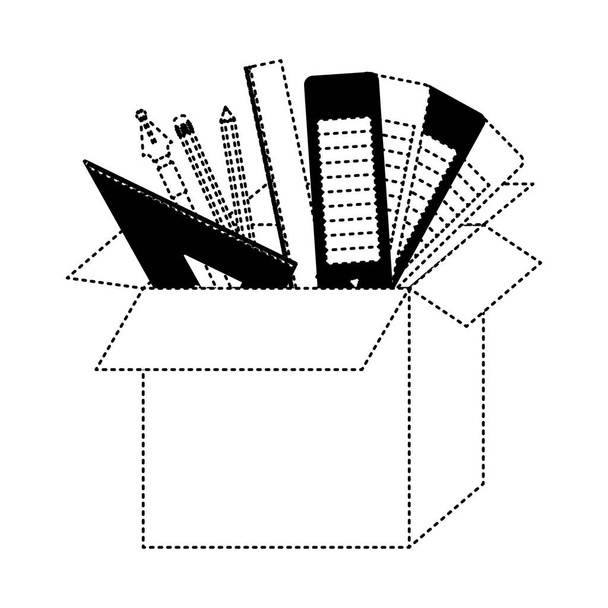 Kartonová krabice s graf návrhové nástroje v černý tečkovaný obrys - Vektor, obrázek