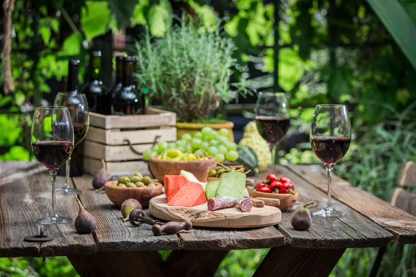 Preparation for dinner with appetizers and wine in the garden - Fotoğraf, Görsel
