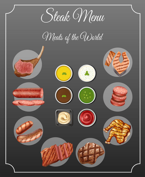 Different types of meats and sauces on steak menu - Vector, Image