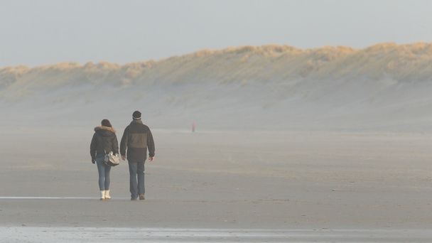 Couple walking on a dutch beach - Fotoğraf, Görsel