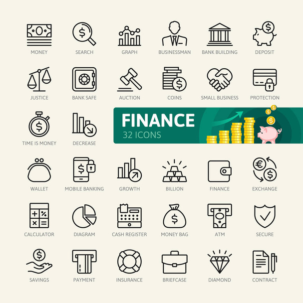 Peníze, finance, platby prvky - sada ikon webu minimální tenká linie. Obrys ikony kolekce. Jednoduché vektorové ilustrace. - Vektor, obrázek
