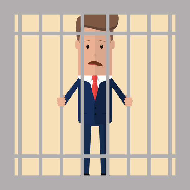 Biznesmen zablokowane za kratami więzienia. Biznesmen w więzieniu trzyma ręce za kratkami. Ilustracja wektorowa - Wektor, obraz