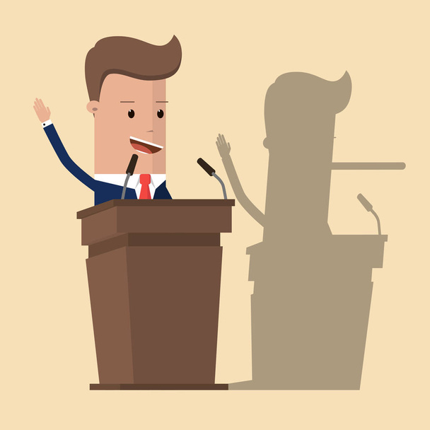 Businessman or politician in suit at tribune with shadow of his long nose, who is actually liar. Liar Businessman. Vector illustration - Vector, Image