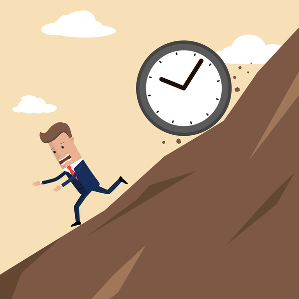 Businessman run away from the big clock. Business concept. Vector illustration - Vector, Image