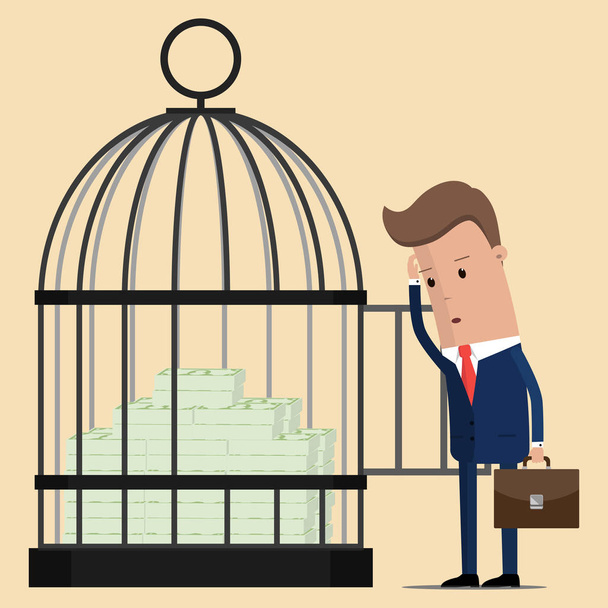Businessman stands near the cage with money. Vector illustration - Vector, Image
