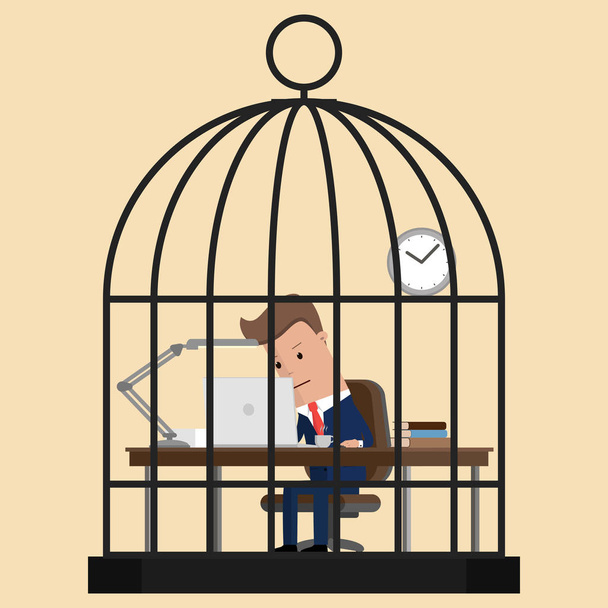 Businessman working hard in birdcage. Vector illustration - Vector, Image