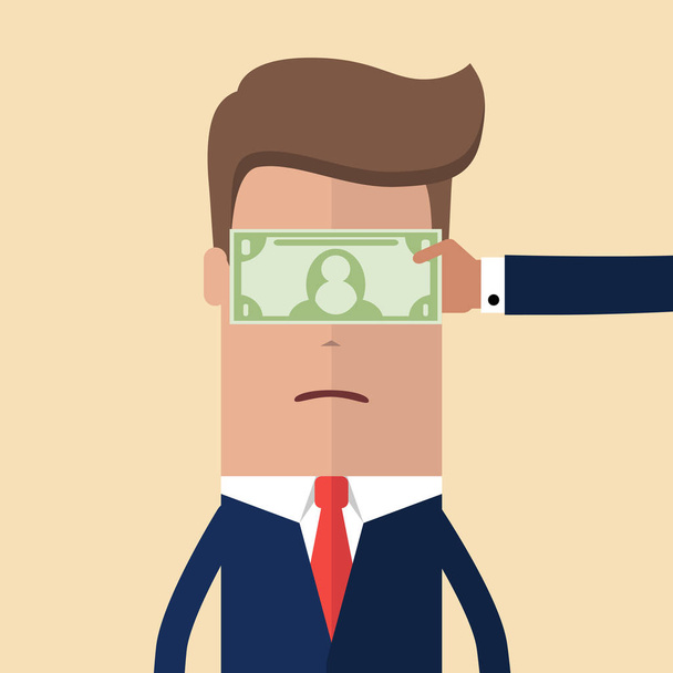 Hand with cash money dollar banknote covering the eyes of a businessman. Bribery concept. Vector illustration - Vector, Image