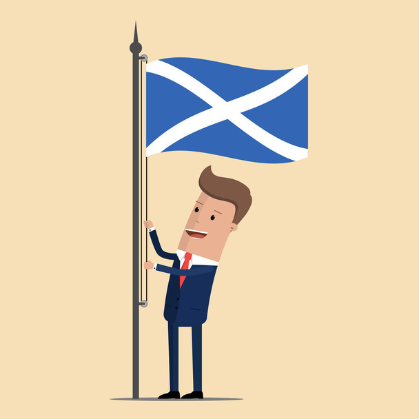 Man in pak, zakenman verhogen wapperende vlag van Schotland. Vectorillustratie - Vector, afbeelding