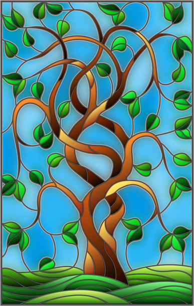 Illustration in stained glass style with twisted green  tree on sky background  - Vektori, kuva