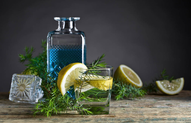 Cocktail sinisellä ginillä, tonicilla ja sitruunalla
 . - Valokuva, kuva