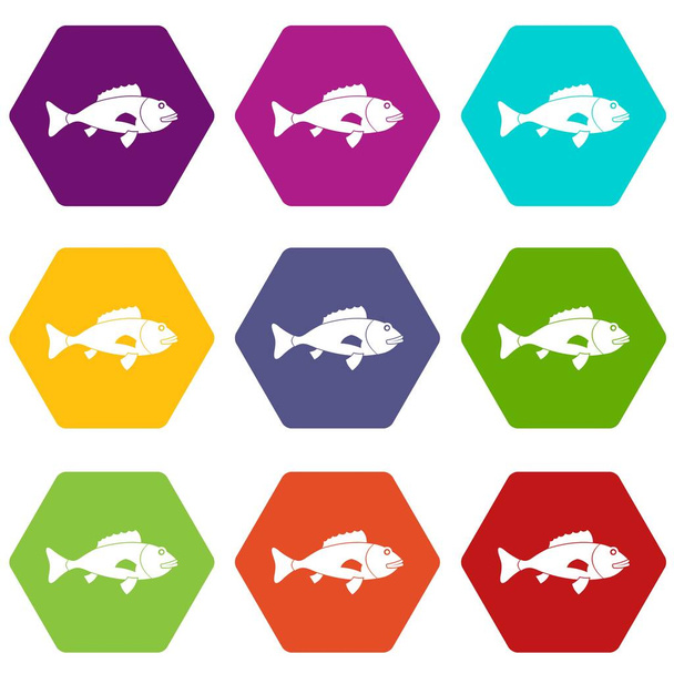 Fish icon set color hexahedron - Vetor, Imagem