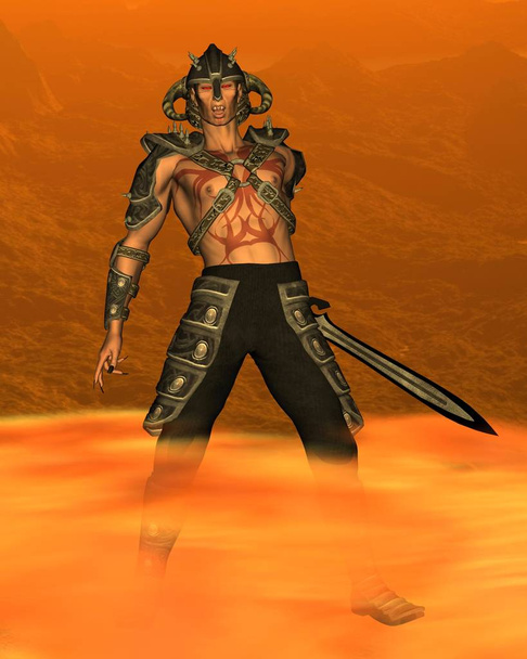 Illustrazione fantasy di un guerriero demoniaco con spada e sfondo infuocato, illustrazione resa digitalmente 3d
 - Foto, immagini