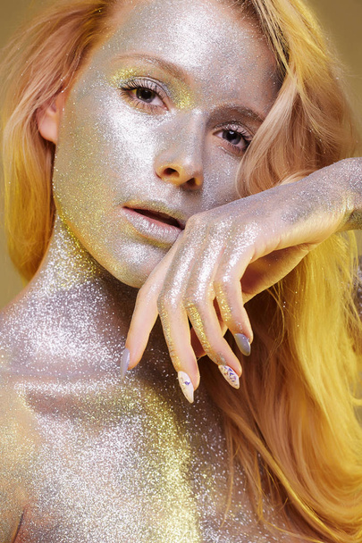 Beautiful Woman with Sparkles on her Face and body - Fotoğraf, Görsel