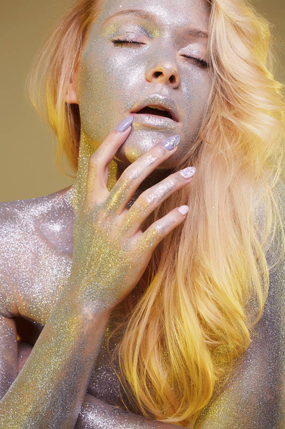 Beautiful Woman with Sparkles on her Face and body - Photo, image
