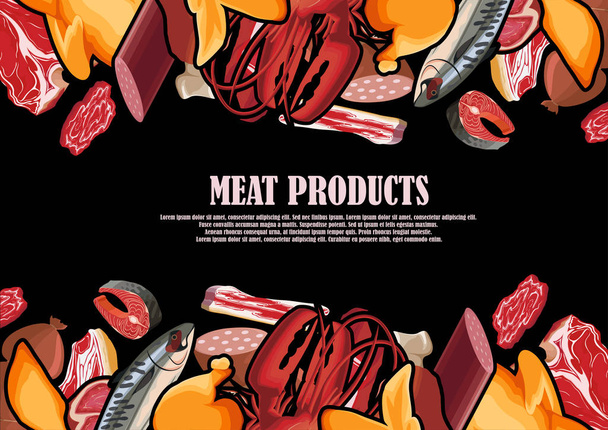 A variety of meat products painted in a frame - Vector, Image