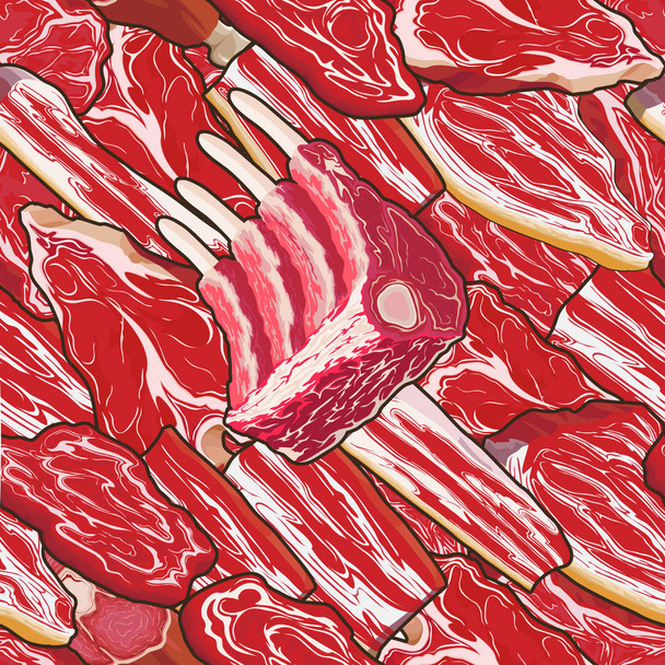 Assorted meats in seamless pattern - Vector, Image