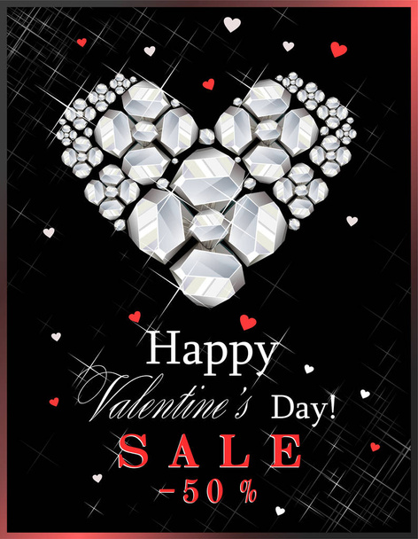 Sale happy Valentine's Day with a heart of precious white stones on a black background and congratulations - Vector, Image