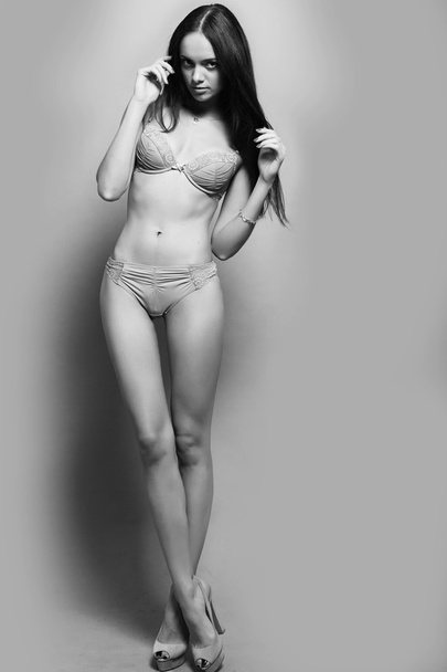 Studio shot de belle forme physique modèle sexuel en lingerie sur une h
 - Photo, image
