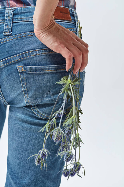 back view of slim young woman in jeans holding branch of blue eryngium flowers, Mother's Day concept - Foto, imagen