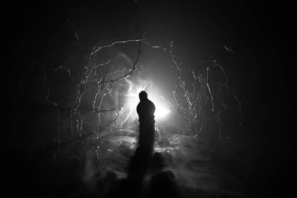 Yalnız kız gece orman veya mavi tonda gece orman sis anda ışıkla. Seçici odak - Fotoğraf, Görsel