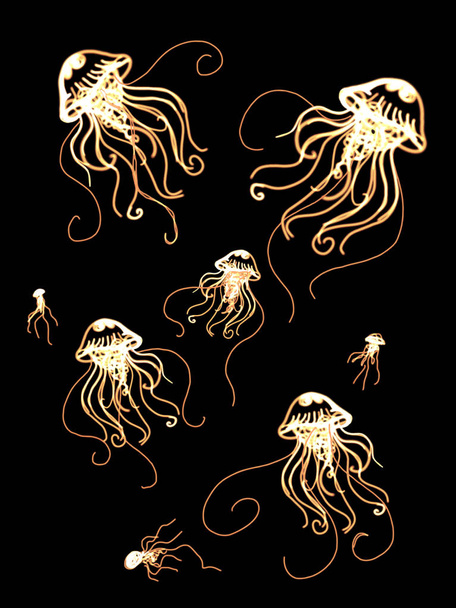 rajzfilm medúza vázlat minta és a fekete háttér - Fotó, kép