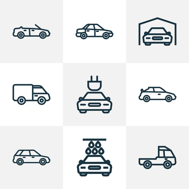 Iconos de coche conjunto de estilo de línea con enchufe, cabriolet, lavado de coches y otros elementos hatchback. Iconos de coche de ilustración vectorial aislado
. - Vector, Imagen
