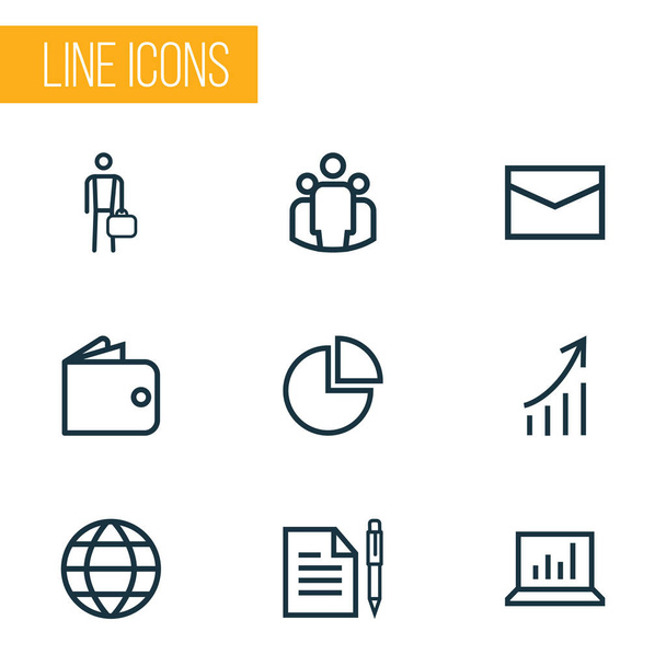Trade icons line style set with work man, envelope, diagram and other mail elements. Isolated vector illustration trade icons. - Διάνυσμα, εικόνα