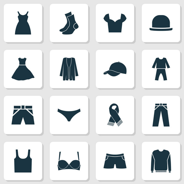 Kleidungssymbole mit Sundress, Hose, Fedora und anderen Singlettelementen. isolierte Vektor Illustration Kleidung Symbole. - Vektor, Bild