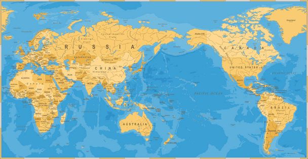Vintage siyasi dünya harita Pasifik merkezli - Vektör, Görsel