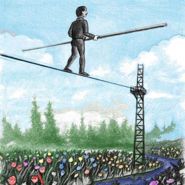 Mature Man Walking a Tightrope above Flowers - Photo, Image