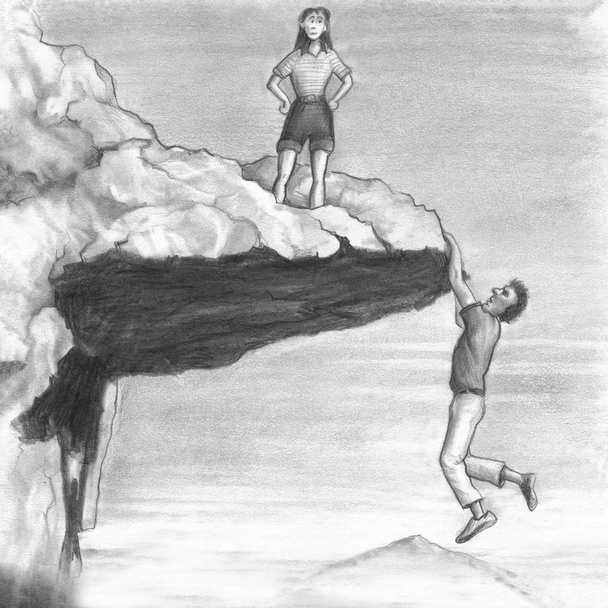 Femme sur une falaise avec un homme pendu au bord
 - Photo, image