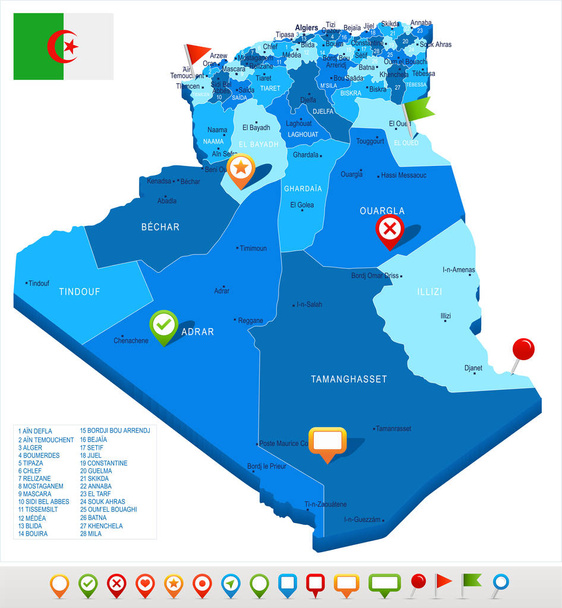 Αλγερία - Χάρτης και σημαία - λεπτομερής εικονογράφηση διάνυσμα - Διάνυσμα, εικόνα