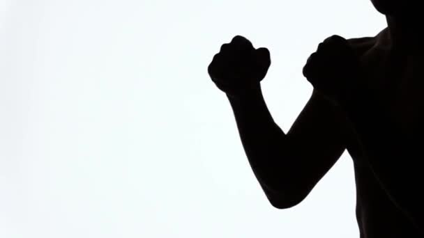 Silhouet van een sportieve jonge man tijdens de training op gevechten zonder regels. Uitvoering van klappen met je handen. Een materiaal of een screensaver voor video over Boksen, karate of andere soorten vechtsport. - Video