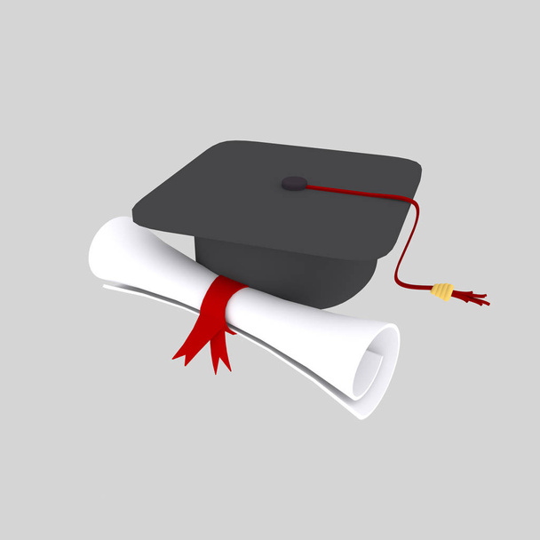 Afgestudeerde hoed en diploma papier. 3D illustratie. - Foto, afbeelding