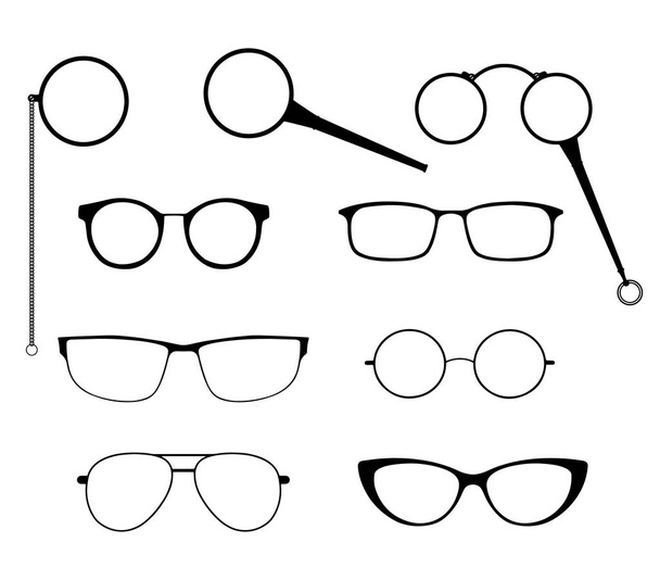 Ποτήρια σετ διάνυσμα σιλουέτα. Πλαίσια για μοντέρνα γυαλιά ηλίου με διαφορετικές μορφές, καθώς και vintage γυαλιά - lorgnette, μονόκλ και ένα μεγεθυντικό φακό - Διάνυσμα, εικόνα
