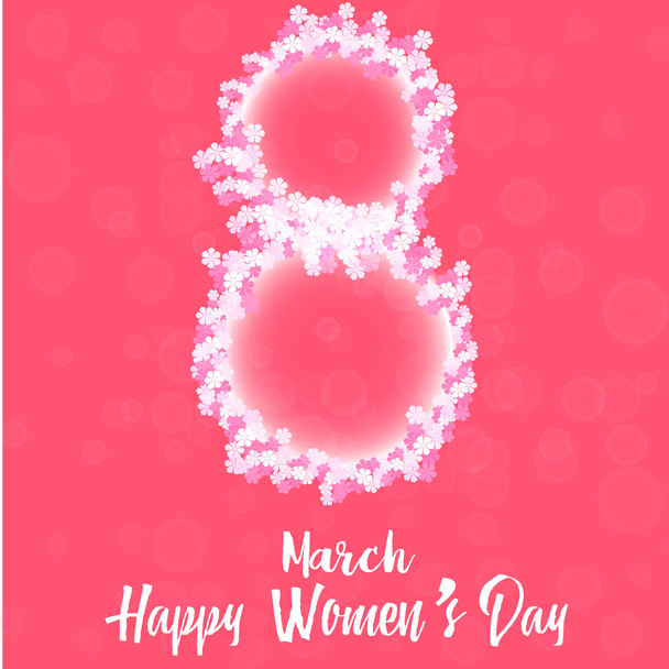  8. März. Glückliche Glückwunschkarte zum Frauentag mit handgeschriebenem Schriftzug, rosa Text und Blumen. Vektor - Vektor, Bild