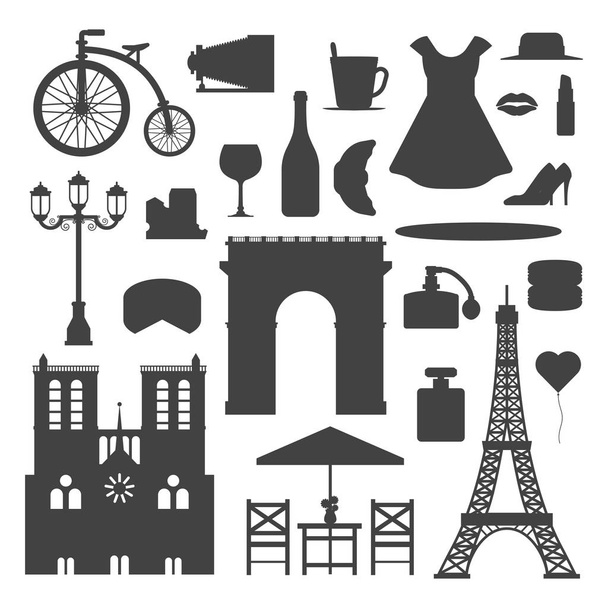 Parijs iconen vector silhouet beroemde reizen keuken traditionele moderne Frankrijk Cultuur Europa eiffel mode ontwerp het platform symbolen illustratie. - Vector, afbeelding