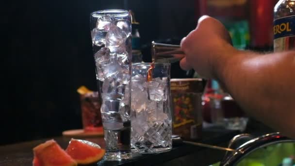 Deskundige barman maakt cocktail in bar, slow-motion - Video
