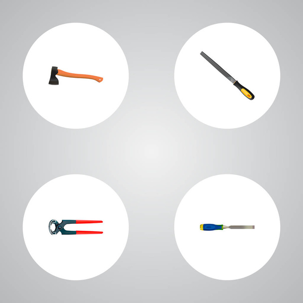 Set di strumenti simboli realistici con pinzette, falegname, file rasp e altre icone per il design del logo dell'app mobile web
. - Vettoriali, immagini