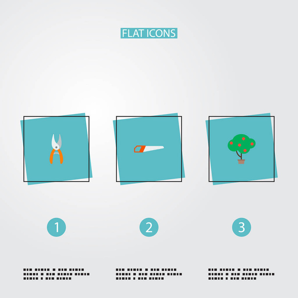 Set di icone del giardinaggio simboli in stile piatto con forbici, sega a mano, icone dell'albero da frutto per il tuo design del logo dell'app mobile web
. - Vettoriali, immagini