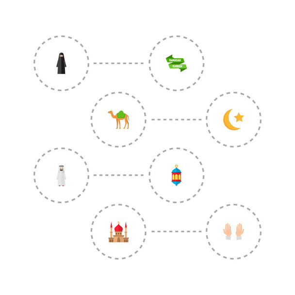 Conjunto de iconos de ramadán símbolos de estilo plano con hombre musulmán, manos de oración, iconos de linterna para el diseño del logotipo de su aplicación móvil web
. - Vector, imagen