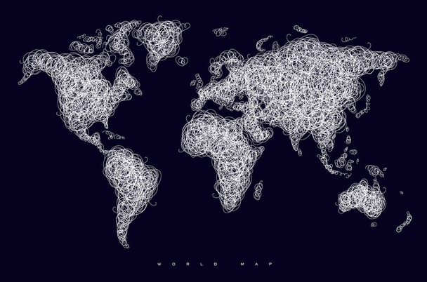 Mapa do mundo linhas de emaranhado escuro
 - Vetor, Imagem