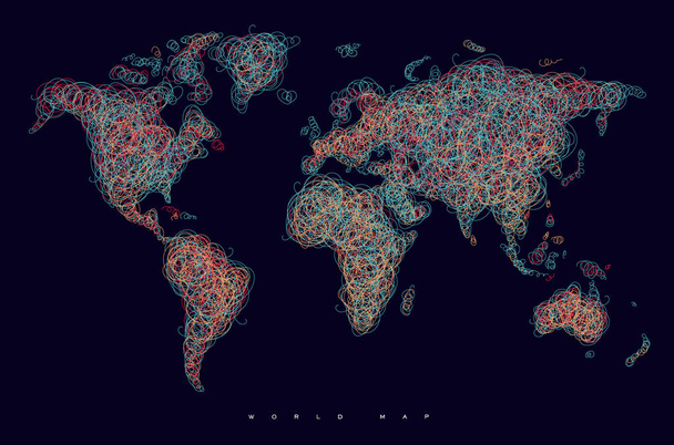 Mapa do mundo emaranhado linhas vermelho escuro
 - Vetor, Imagem