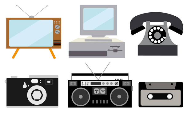 A set of retro electronics, technology. Old, vintage, retro, hipster, antique kinescope TV, computer with floppy, disk phone, camera, cassette audio tape recorder, audio cassette. Vector illustration. - Vector, Image